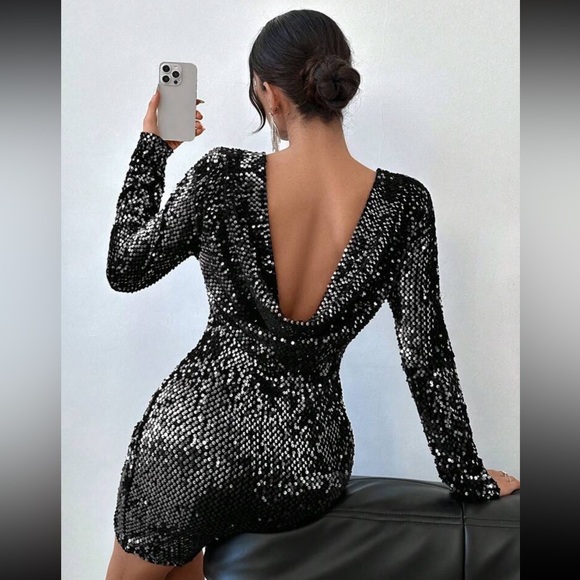 Black Sequin Long Sleeve Dress - Picture 3 of 7